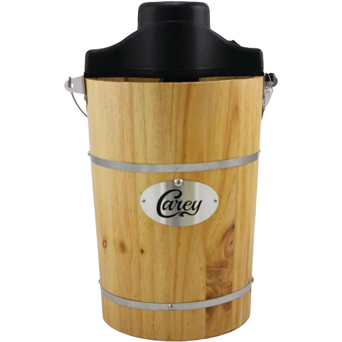 6-quart wooden ice cream maker with metal bands and black hand crank lid in kitchen appliance collections