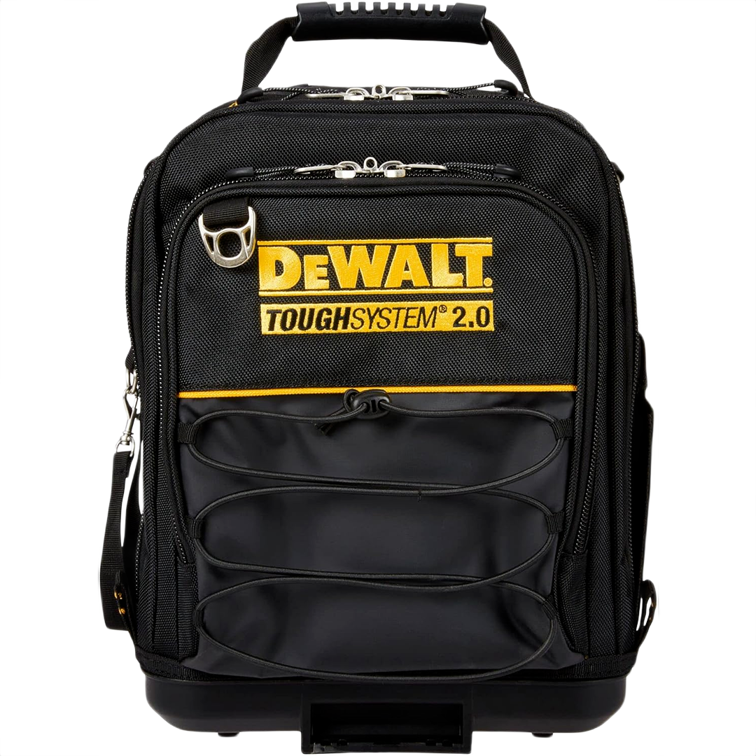 Compact black and yellow tool bag with multiple pockets designed for jobsite storage and workshop organization purposes