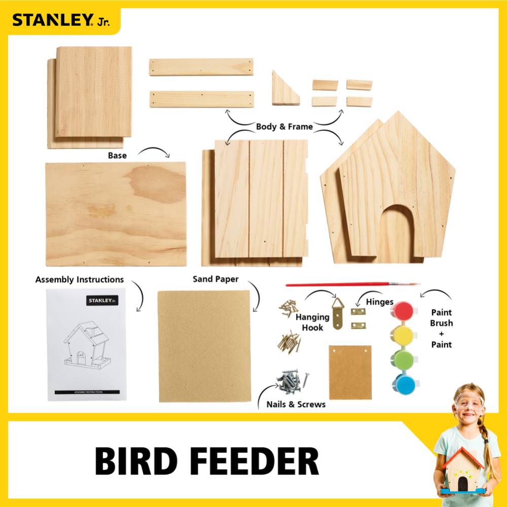 Unassembled wooden bird feeder kit with paint, brush, nails, screws, hinges, sandpaper, and instruction sheet for DIY projects