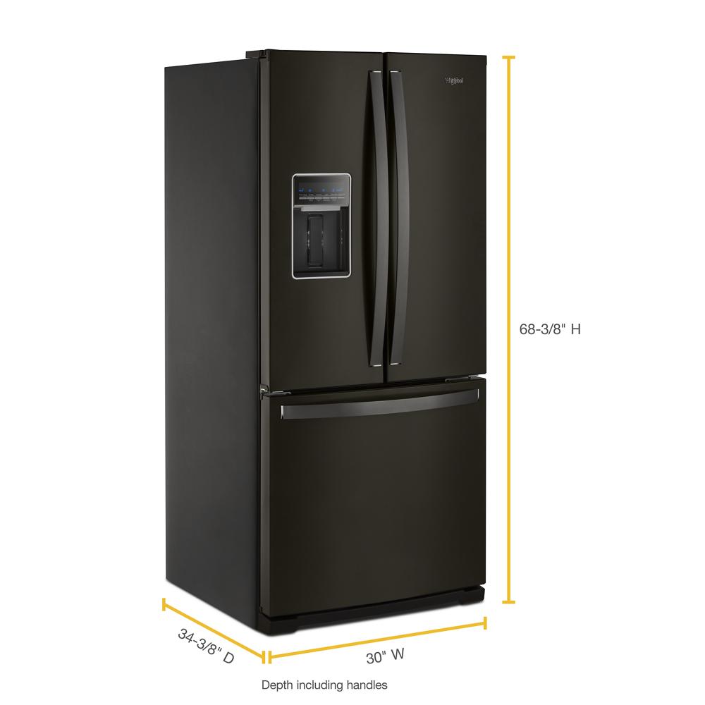 30-inch wide black finish French door refrigerator with bottom freezer and external water dispenser in kitchen appliances collection