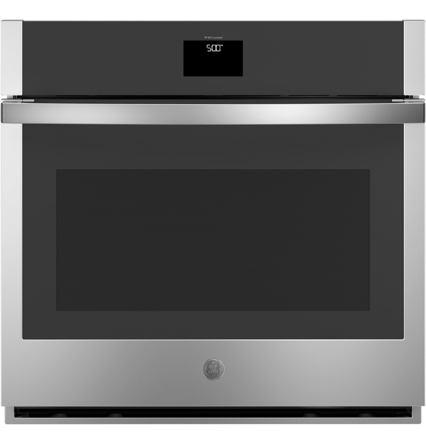 Modern stainless steel single wall oven with touchscreen display and digital clock from kitchen appliances collection