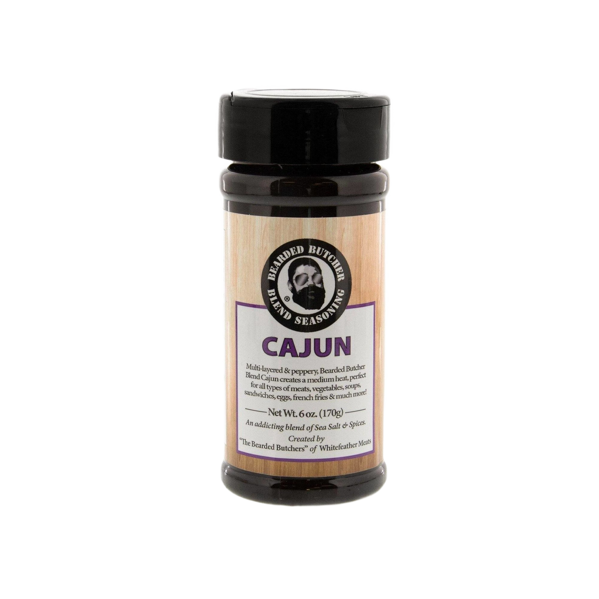6 oz. bottle of Cajun seasoning blend in a black lid container for grilling sauces and spices collection