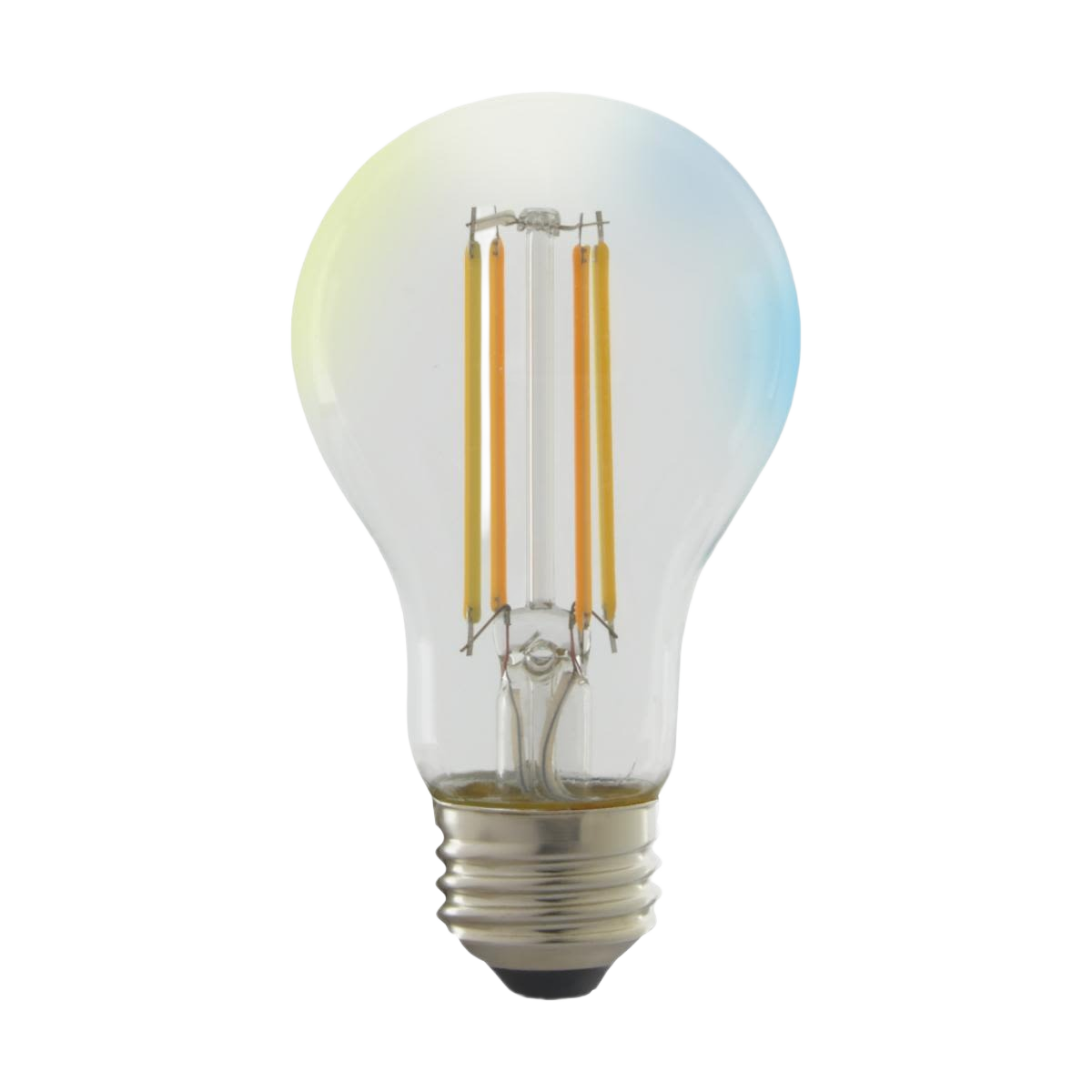 Clear LED filament light bulb with standard screw base for smart lighting and home improvement applications