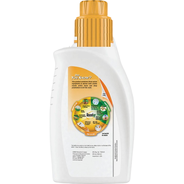 Bottle of roundup concentrate with usage instructions and safety information on a white background