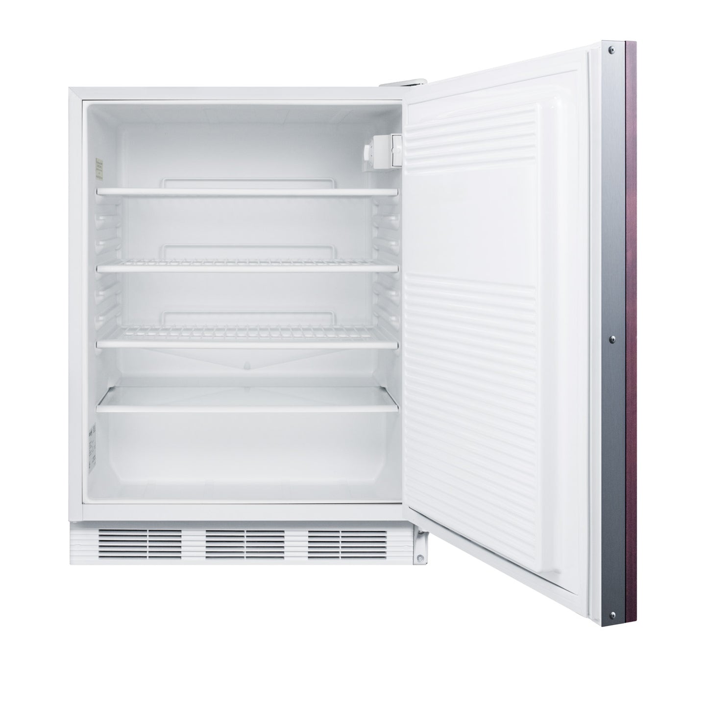 Open 24-inch built-in all-refrigerator with adjustable shelves and lower drawer in kitchen appliances and home improvement setting