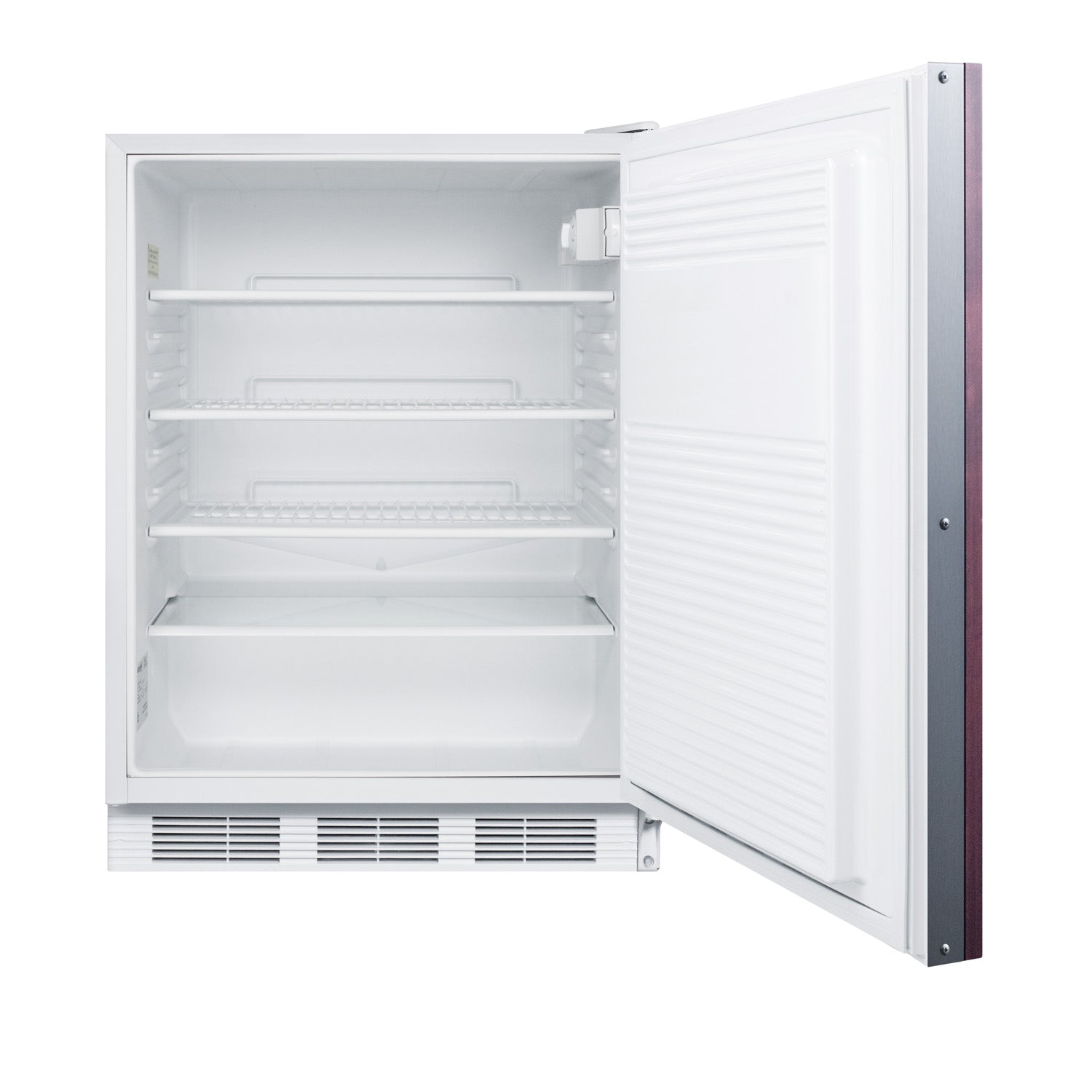 Open 24-inch built-in all-refrigerator with adjustable shelves and lower drawer in kitchen appliances and home improvement setting