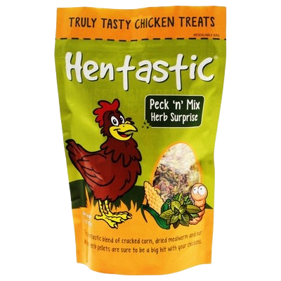 Bright green resealable bag of Hentastic Peck 'n' Mix Herb Surprise chicken treats with colorful packaging design