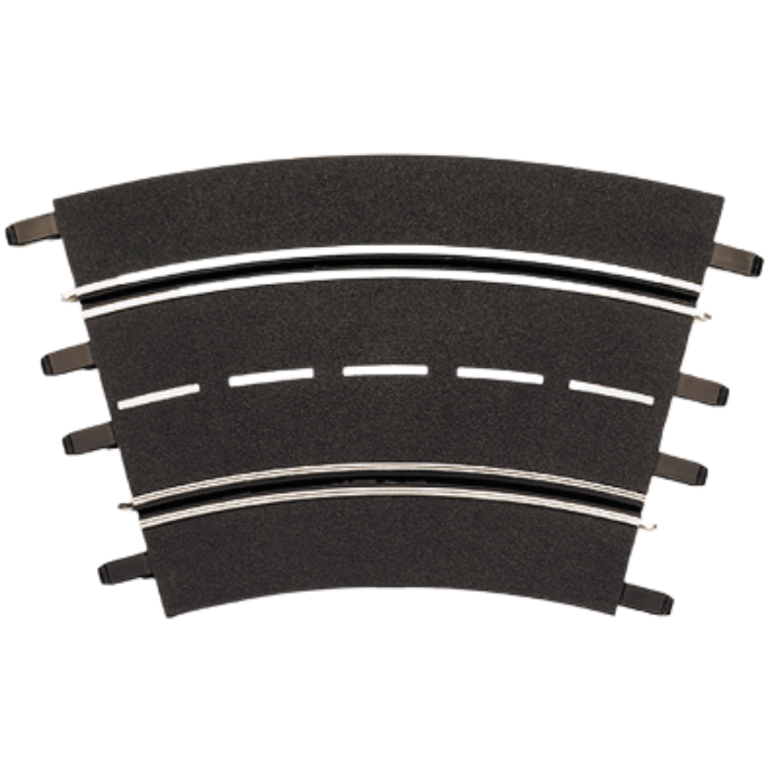 Six black curved plastic track pieces with silver connectors designed for slot car racing sets and home projects.