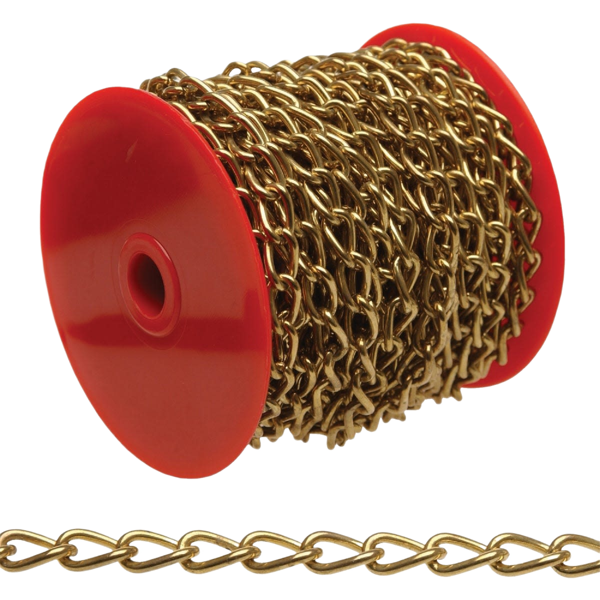 Gold-tone metal craft chain wound on a red plastic spool for home improvement and decorative projects