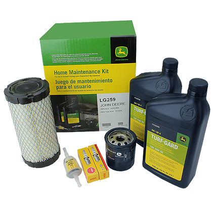John Deere green and yellow home maintenance kit with filters, oil containers, and spark plugs for tools and home improvement tasks