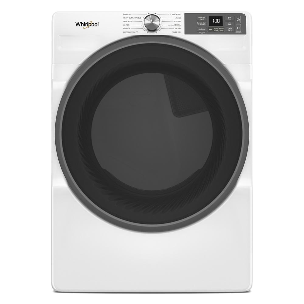 White front load gas dryer with digital control panel and large circular door from washers and dryers collection