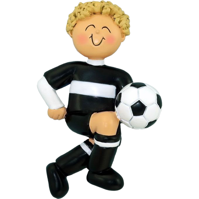 Blonde boy figurine in black soccer uniform holding ball from Christmas Ornaments & Tree Decorations under $50 collection