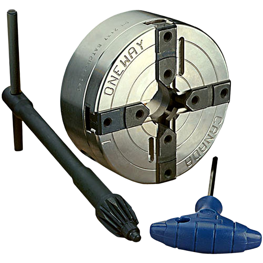 Metal lathe chuck body with accessories including a black key handle and blue tightening tool for tools and home improvement use