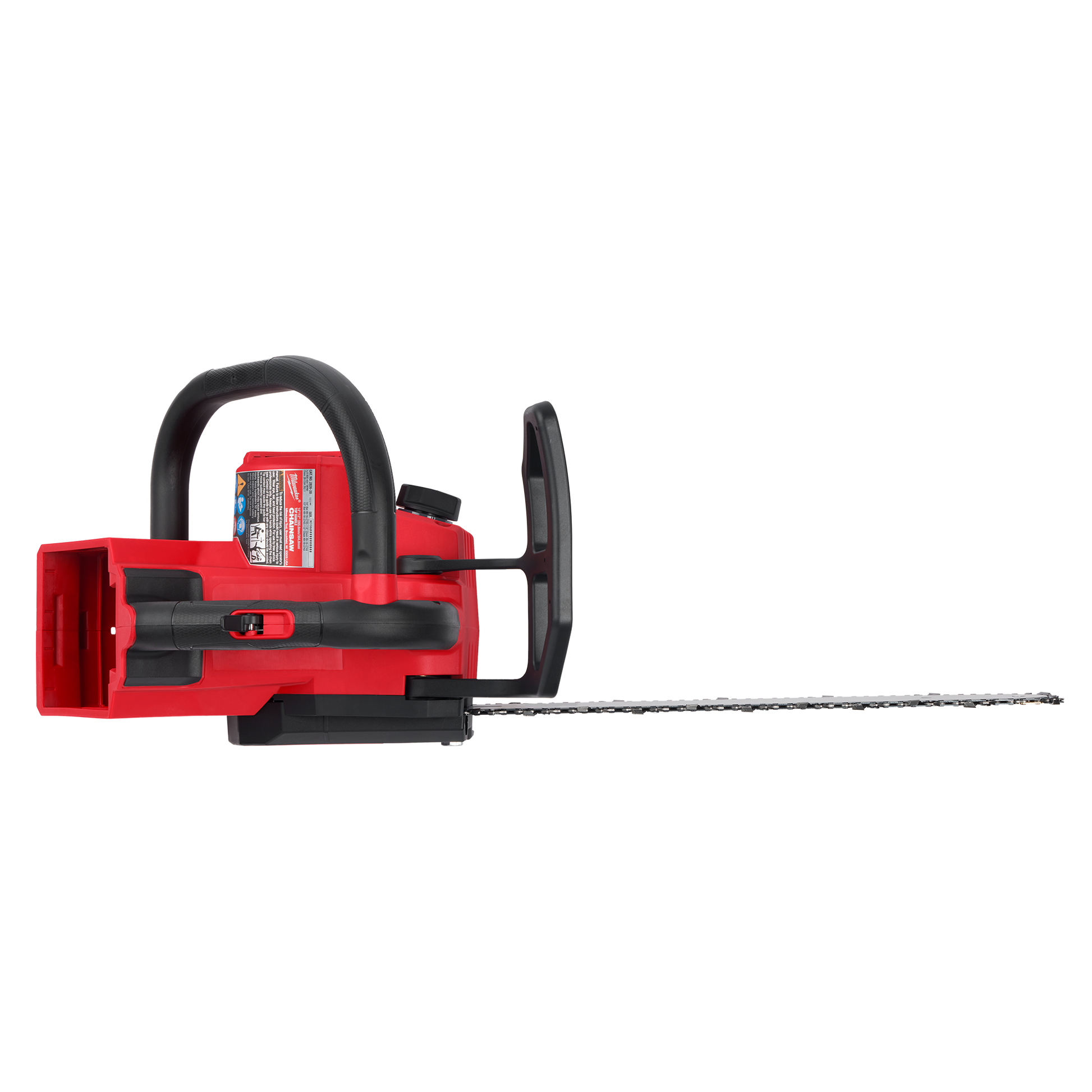 Red Milwaukee cordless 14-inch top handle chainsaw designed for efficient cutting in home improvement projects