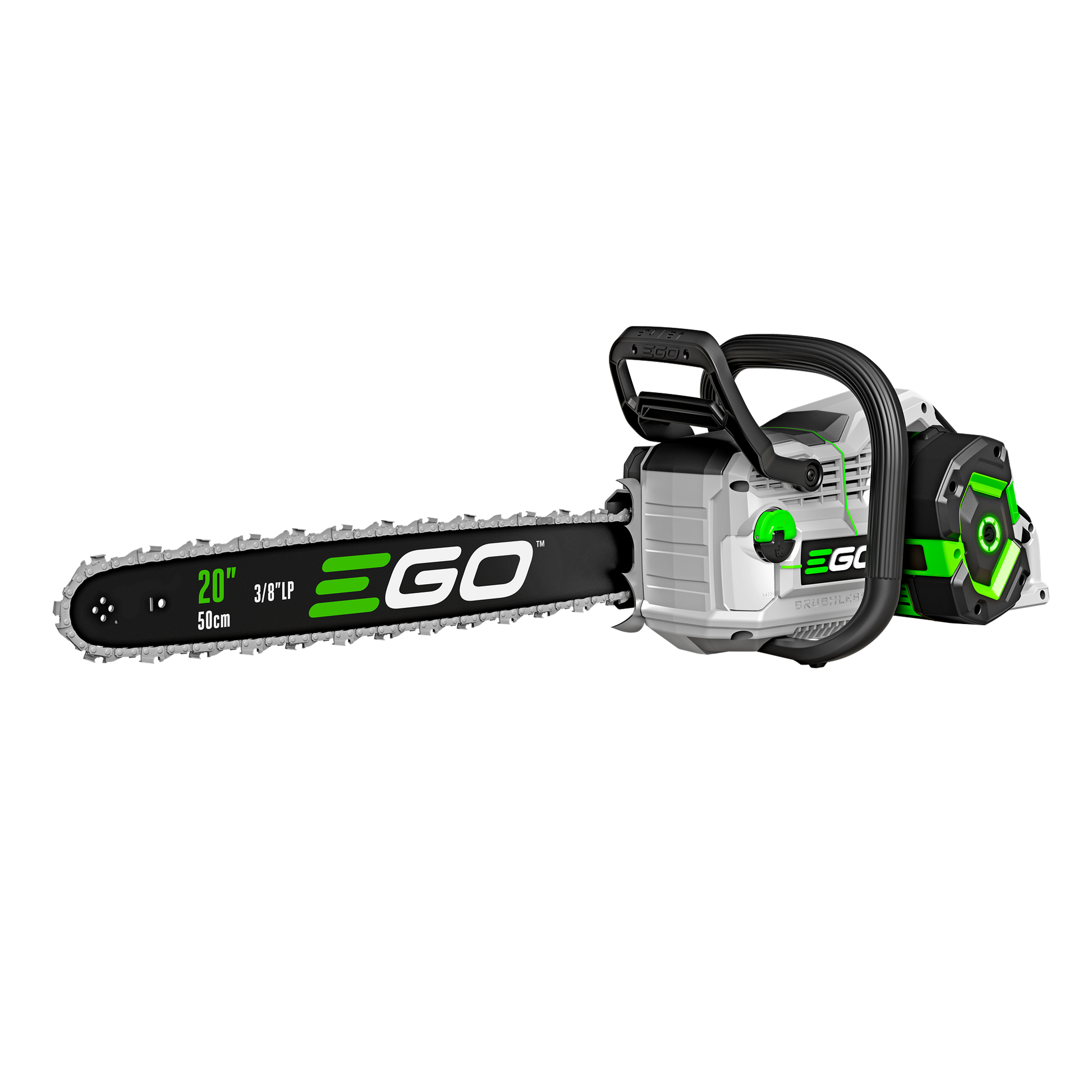Cordless 20-inch green and black chainsaw with battery and charger for tools and home improvement tasks