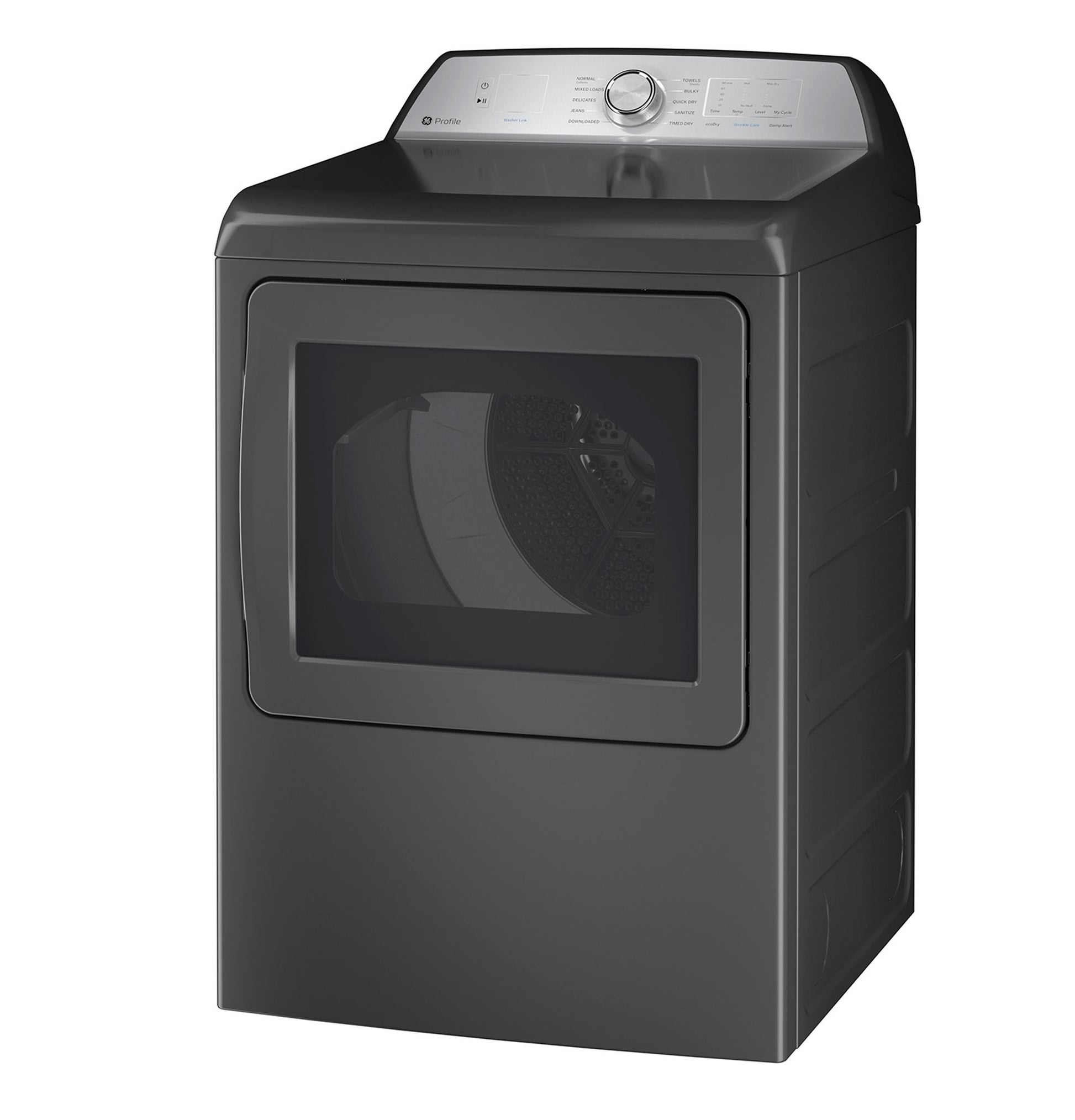 Dark gray electric dryer with aluminized alloy drum visible through window and digital control knob panel from Dryers collection