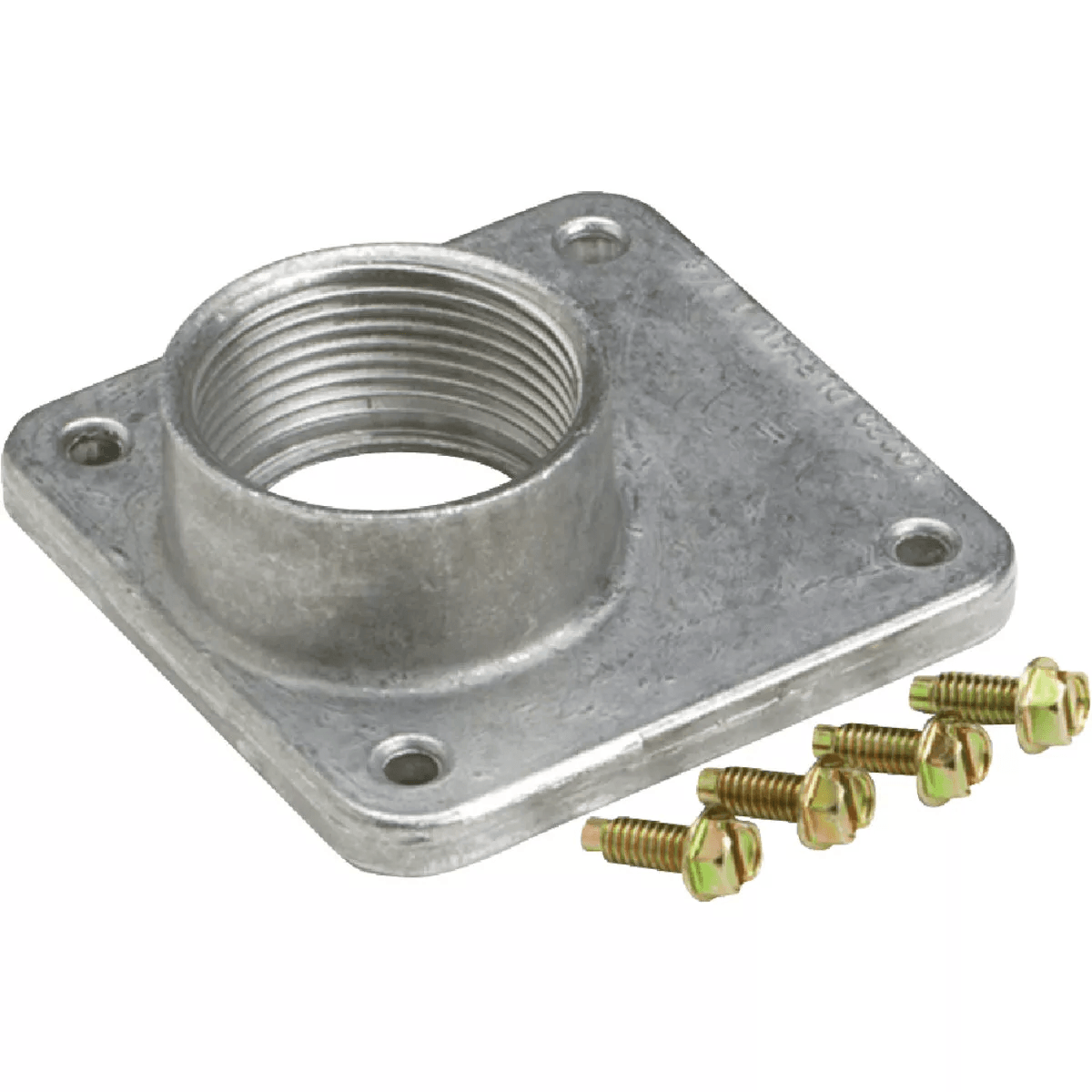 Galvanized metal socket hub with threaded opening and four mounting screws for tools and home improvement projects