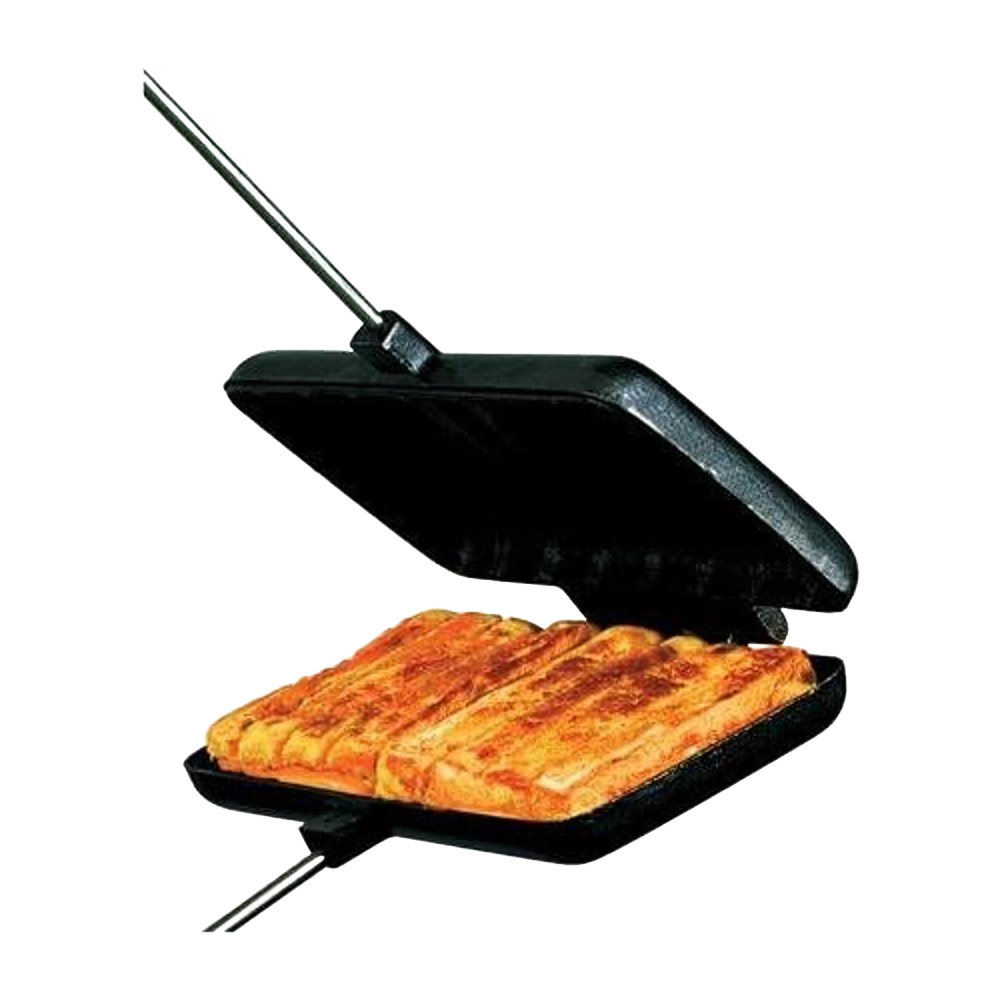 Double cast iron sandwich cooker with long handles, perfect for grilling and outdoor cooking tools and accessories