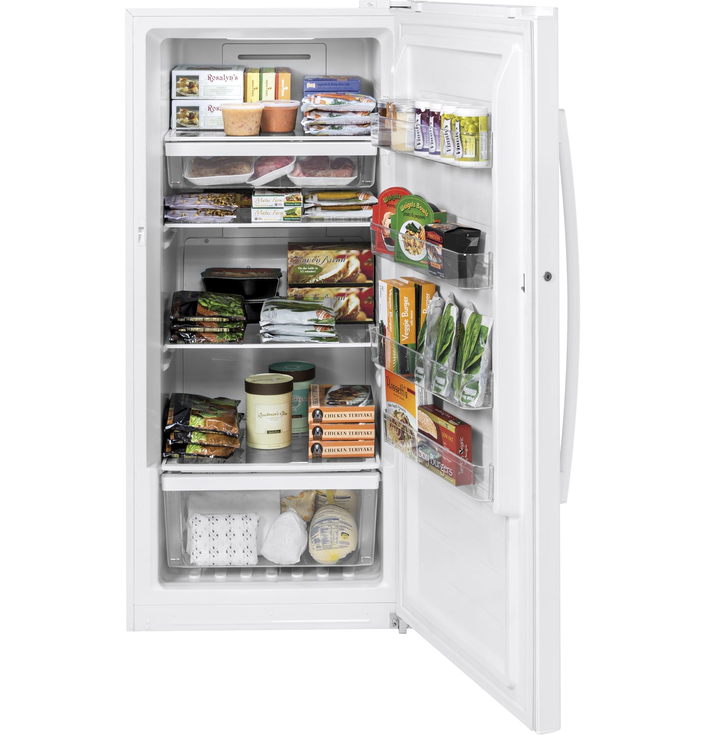 Open white upright freezer showing organized frozen food and storage bins inside in freezers collection