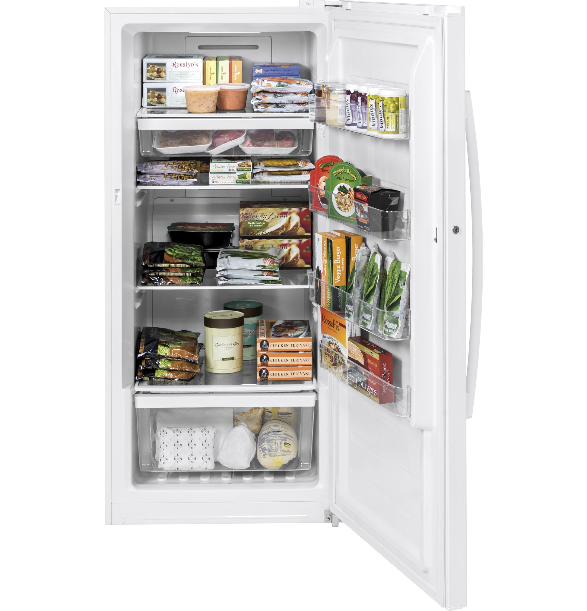 Open white upright freezer showing organized frozen food and storage bins inside in freezers collection