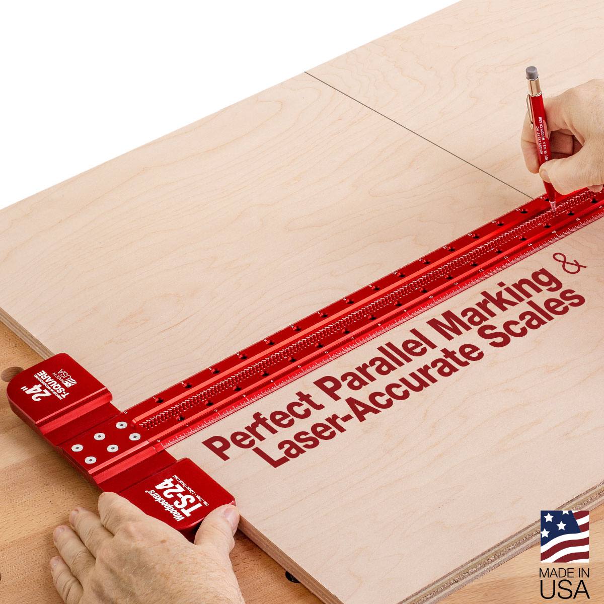 Hands using red 12-inch T square for precise parallel marking on wood in woodworking and measuring tools collections