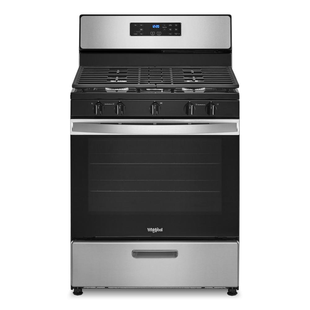 Freestanding stainless steel gas range with edge to edge cast-iron grates and digital display from Ranges collection