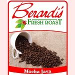 Packaging label for Berardi’s Mocha Java coffee beans featuring spilled dark roasted beans on a wooden surface in food and beverage collection