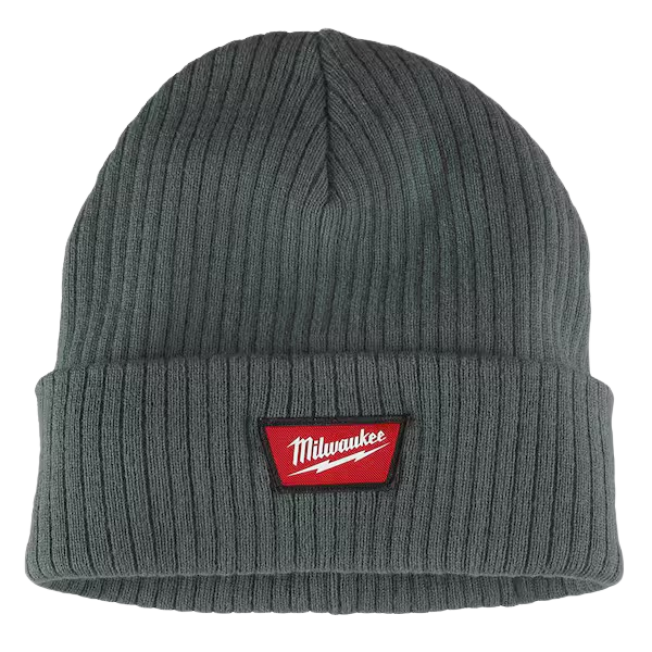 Green rib-knit cuffed beanie with red Milwaukee logo patch suitable for outdoor work and home improvement tasks
