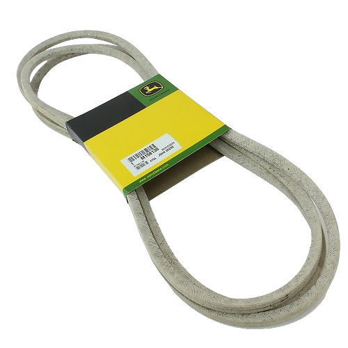 Gray V-belt with yellow and black John Deere branded sleeve for outdoor equipment repair and maintenance tasks
