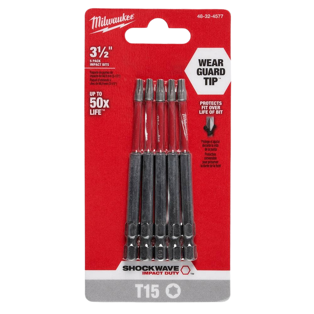 Pack of five durable 3.5-inch T15 TORX impact driver bits with wear guard tips for tool accessories and home improvement