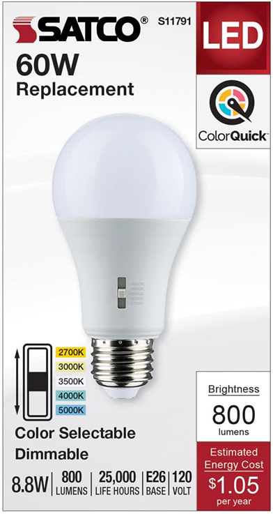 Satco LED bulb with adjustable color temperature and dimmable feature for lighting in electrical and home improvement collections