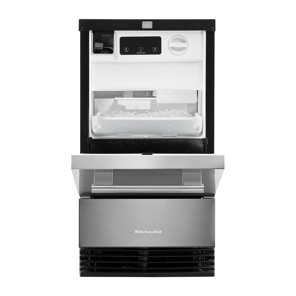 compact 18-inch automatic ice maker with stainless steel PrintShield finish for kitchen and home improvement use