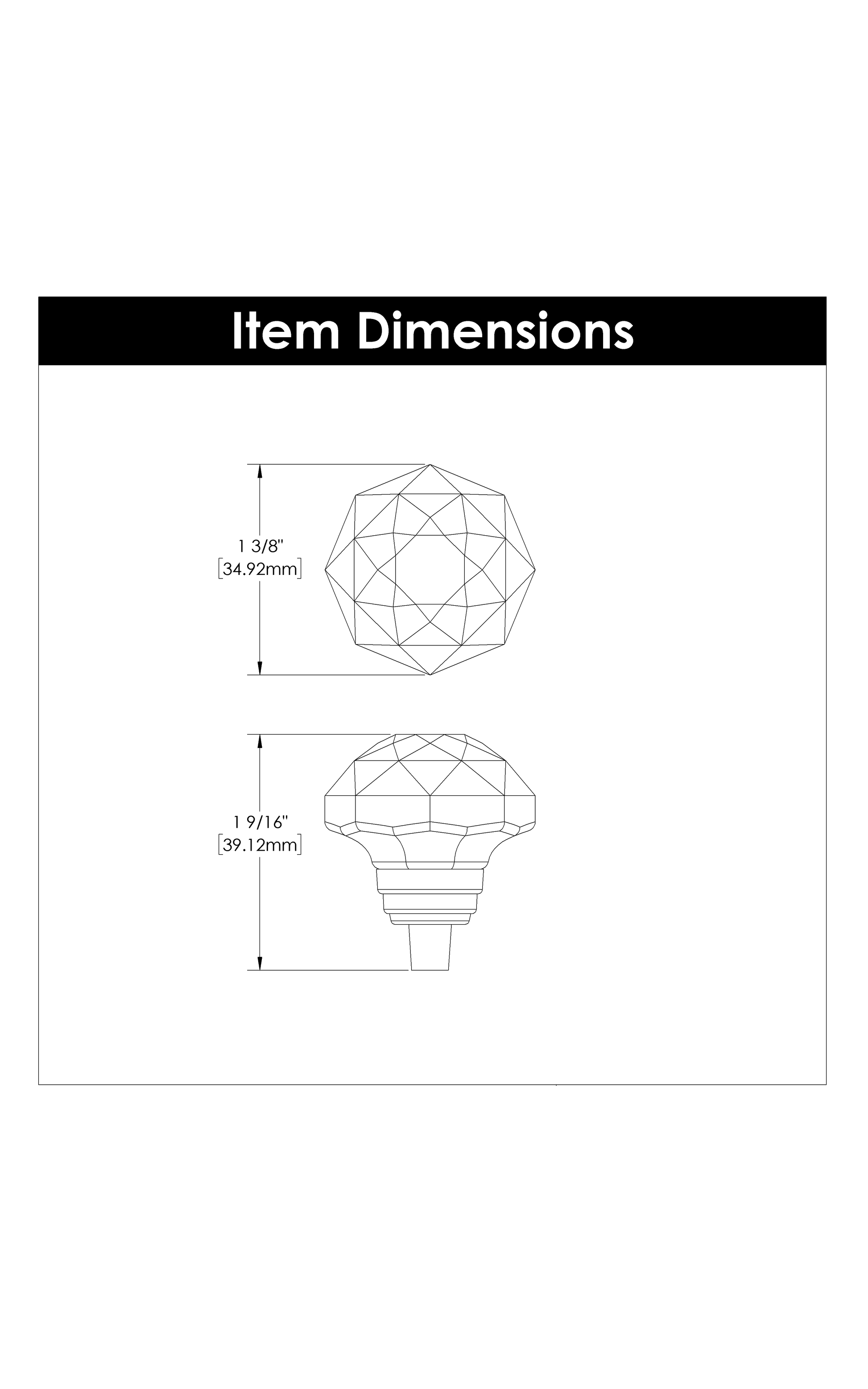 Technical line drawing showing dimensions of faceted glass knob with chrome base for cabinet hardware under $50 collection
