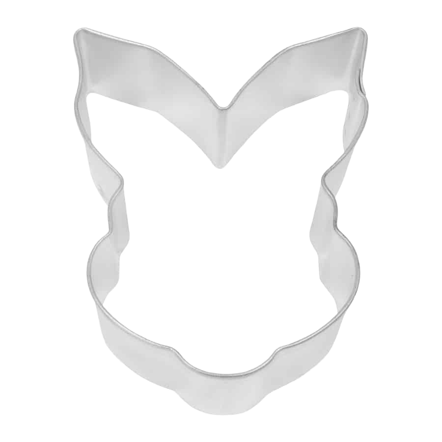 Tinplated steel cookie cutter shaped like a bunny face for creative baking in kitchenware and bakeware collections under $50