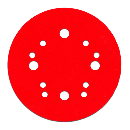 Red 5-inch sanding disc with multiple dust extraction holes for power tool accessories and abrasives collections