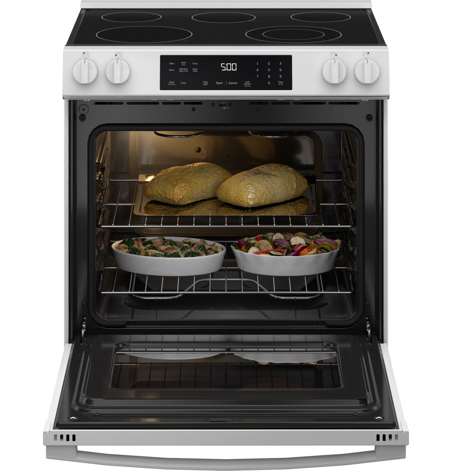 Open slide-in electric range with glass cooktop and food baking on two racks from Electric Ranges collection