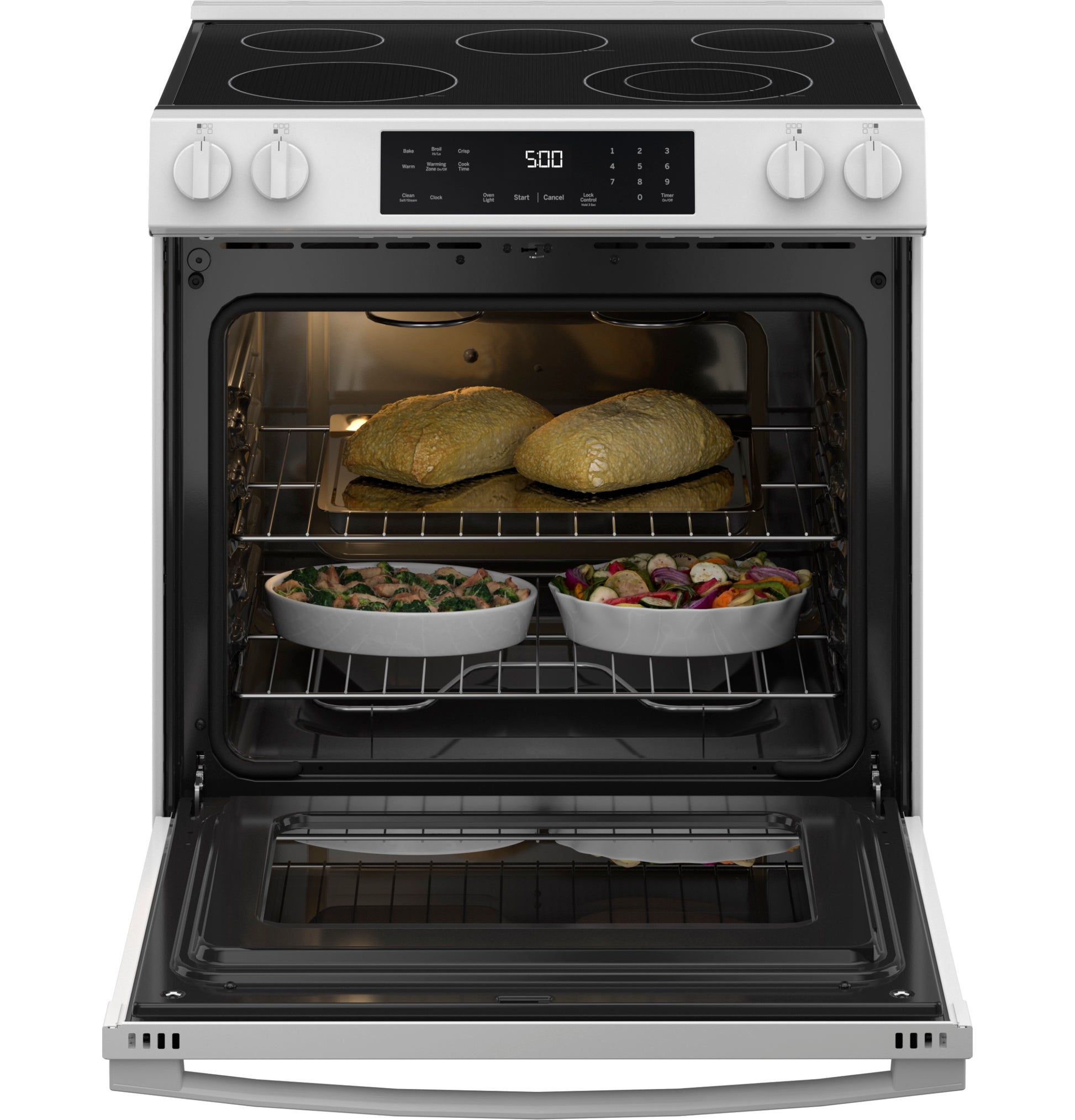 Open slide-in electric range with glass cooktop and food baking on two racks from Electric Ranges collection