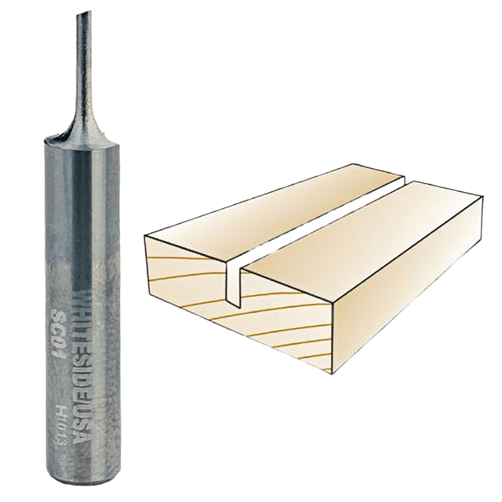 Metal straight router bit next to an illustration of a precise wood inlay groove for woodworking projects