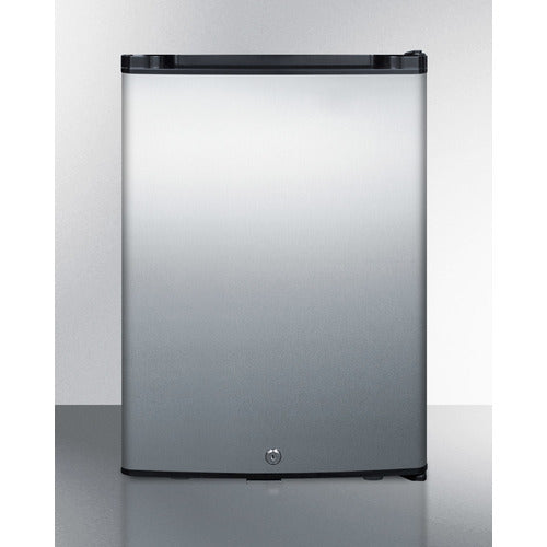 Compact minibar with stainless steel door and black cabinet, freestanding unit in mini refrigerators and kitchenware collection