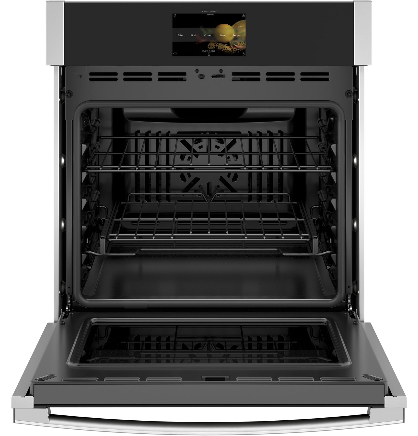 Open black built-in convection wall oven with stainless steel accents and touchscreen control in Kitchen & Appliances collections