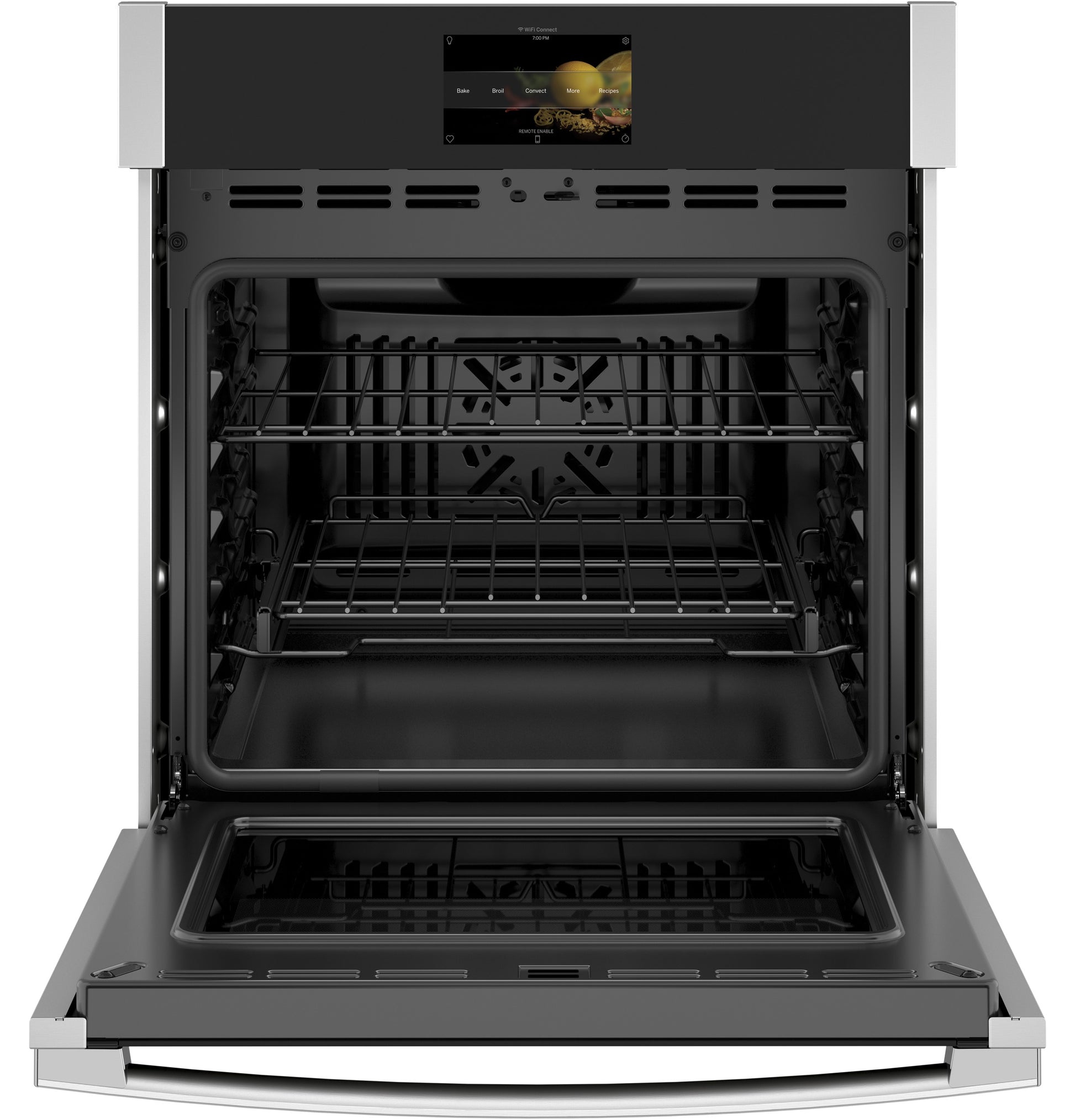 Open black built-in convection wall oven with stainless steel accents and touchscreen control in Kitchen & Appliances collections