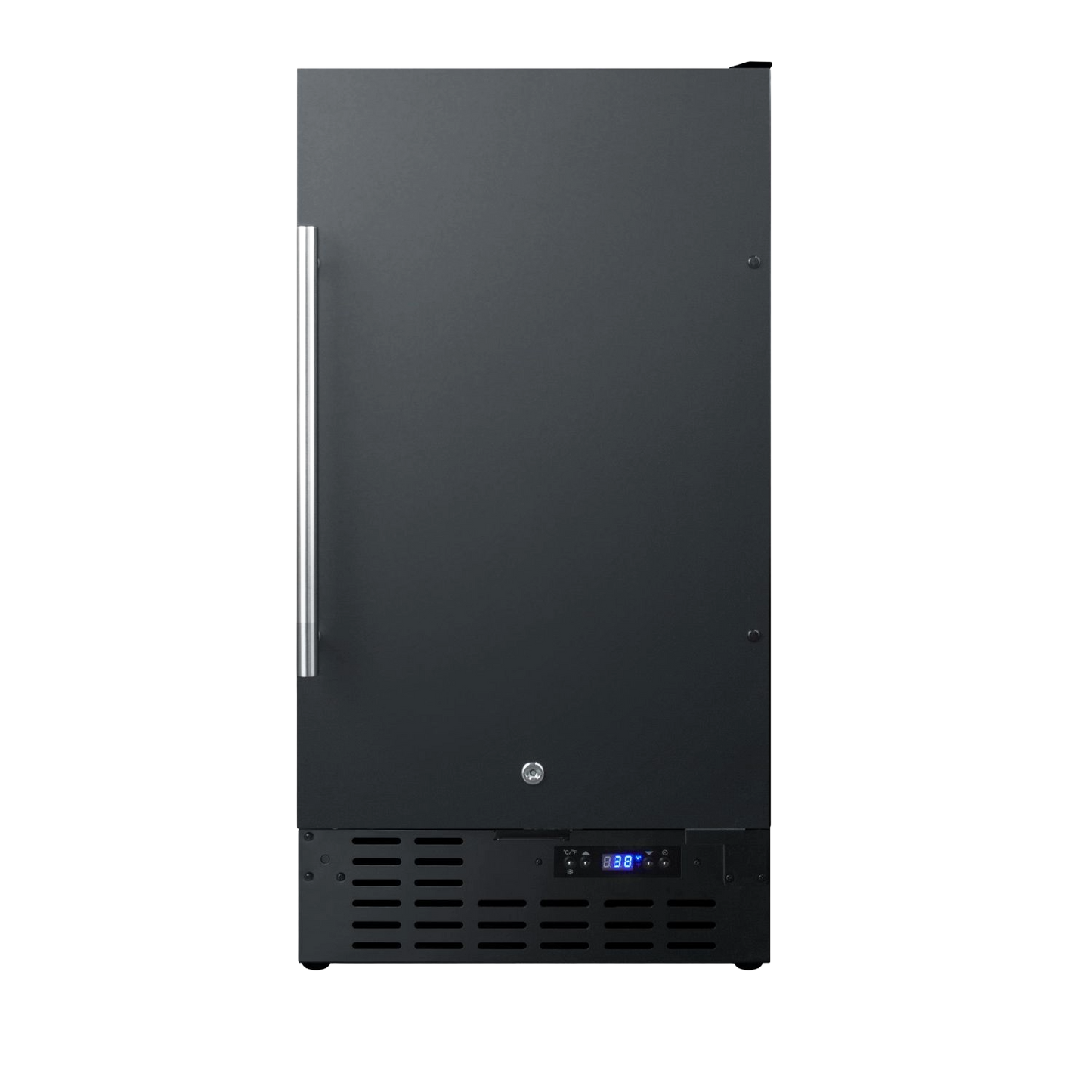 Black built-in undercounter refrigerator with stainless steel handle and digital temperature display in kitchen appliances collection