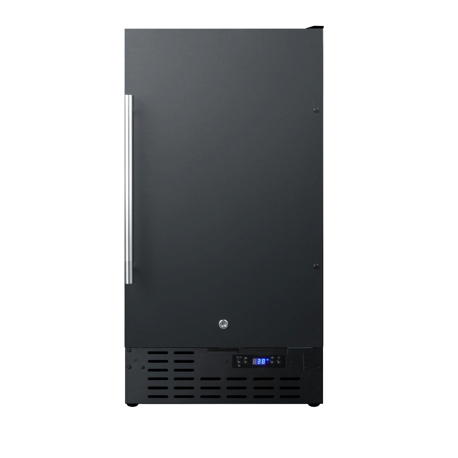 Black built-in undercounter refrigerator with stainless steel handle and digital temperature display in kitchen appliances collection