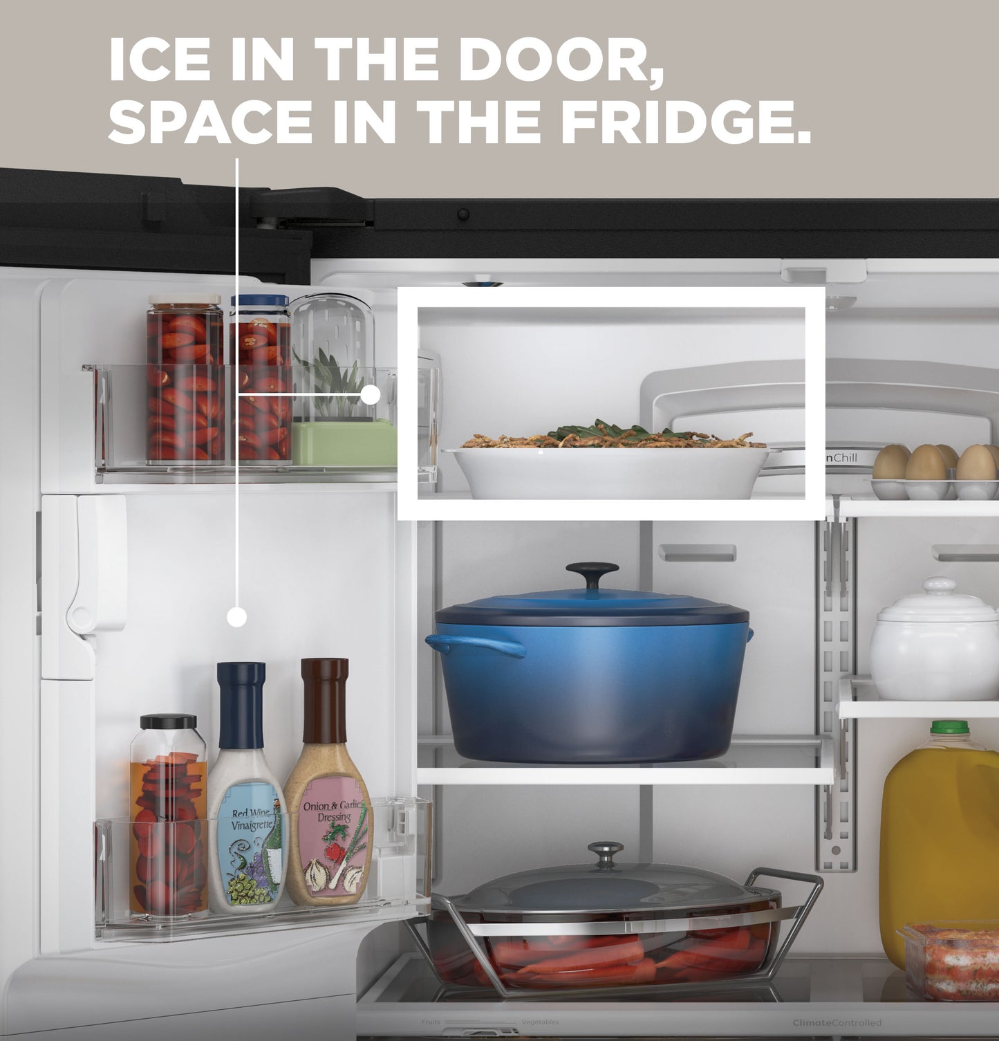 Open white French-door refrigerator interior showing organized glass containers, jars, and cookware on shelves and door compartments