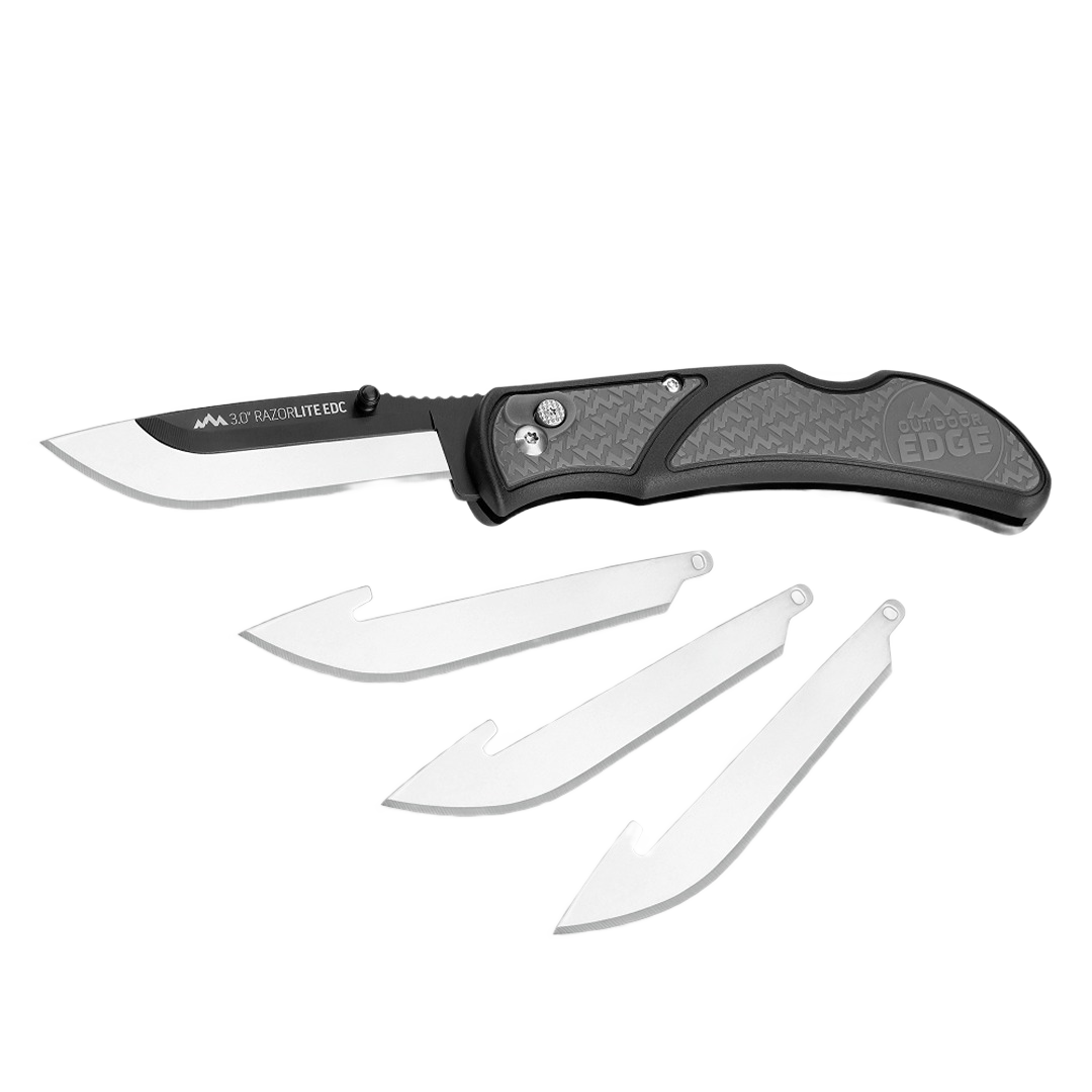 Gray folding knife with replaceable blades and textured handle for woodworking and cutting tool use