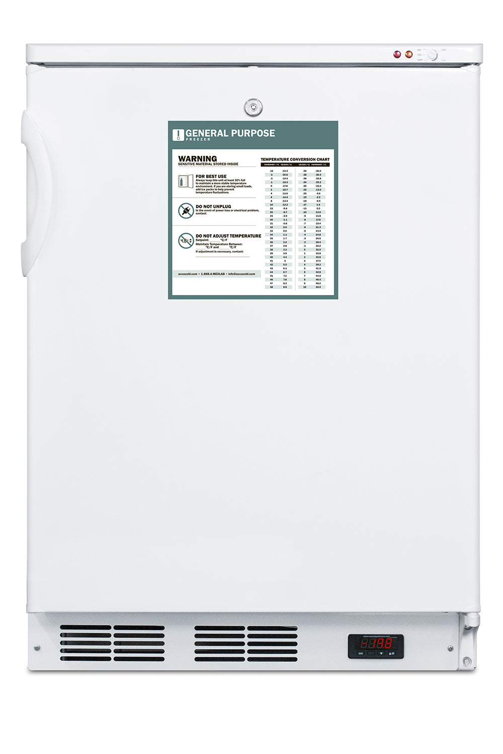 White general purpose freezer with temperature warning label and digital temperature display from kitchen appliances collection