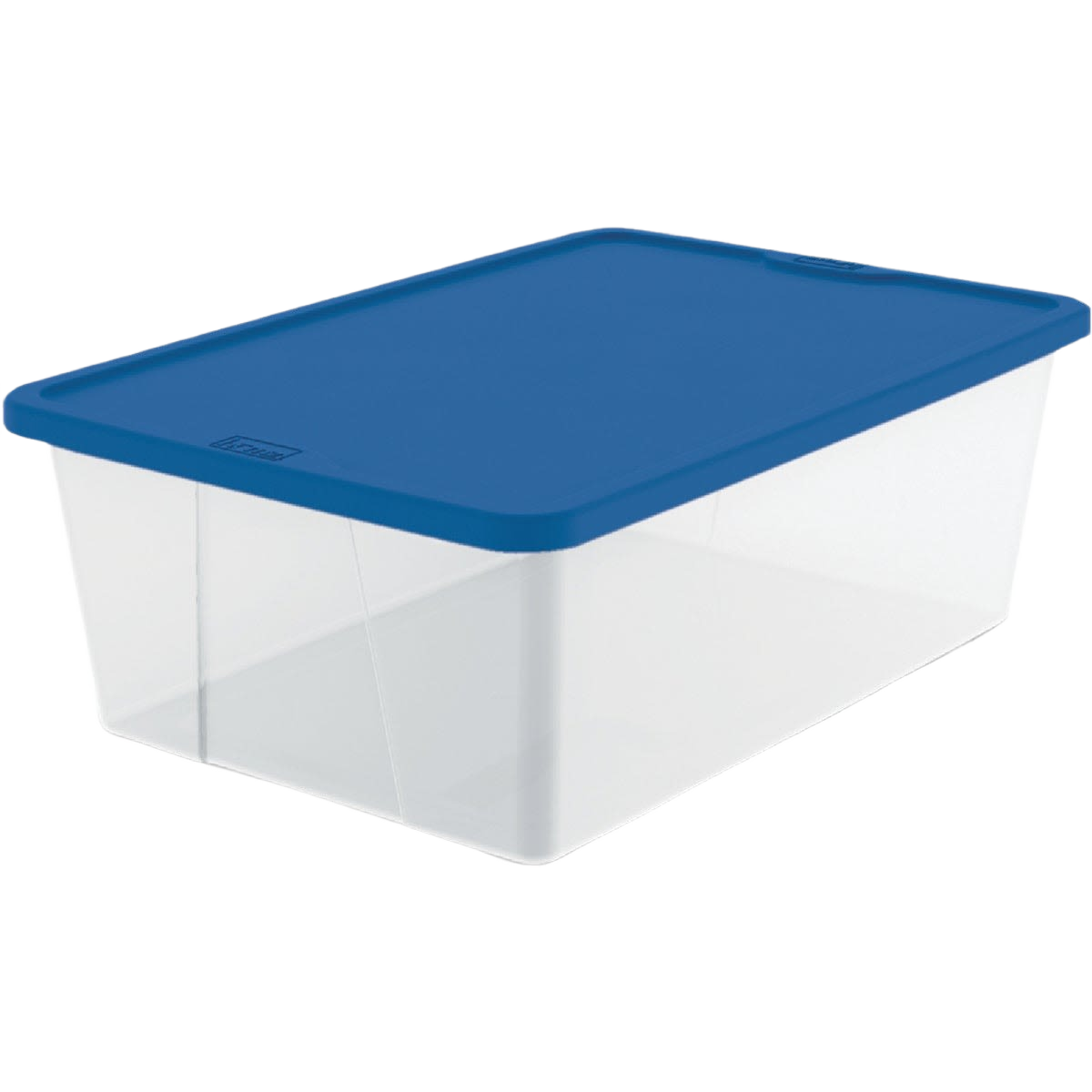 Clear rectangular storage container with blue lid for organizing essentials in dorm and home storage collections