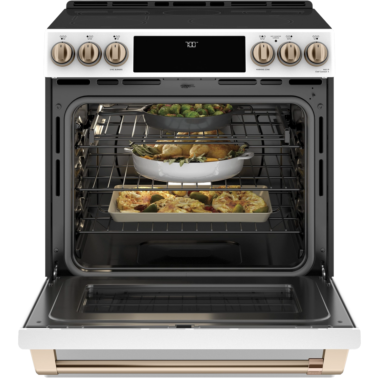 Slide-in range with front controls, radiant cooktop, convection oven open showing dishes inside, kitchen appliances collection