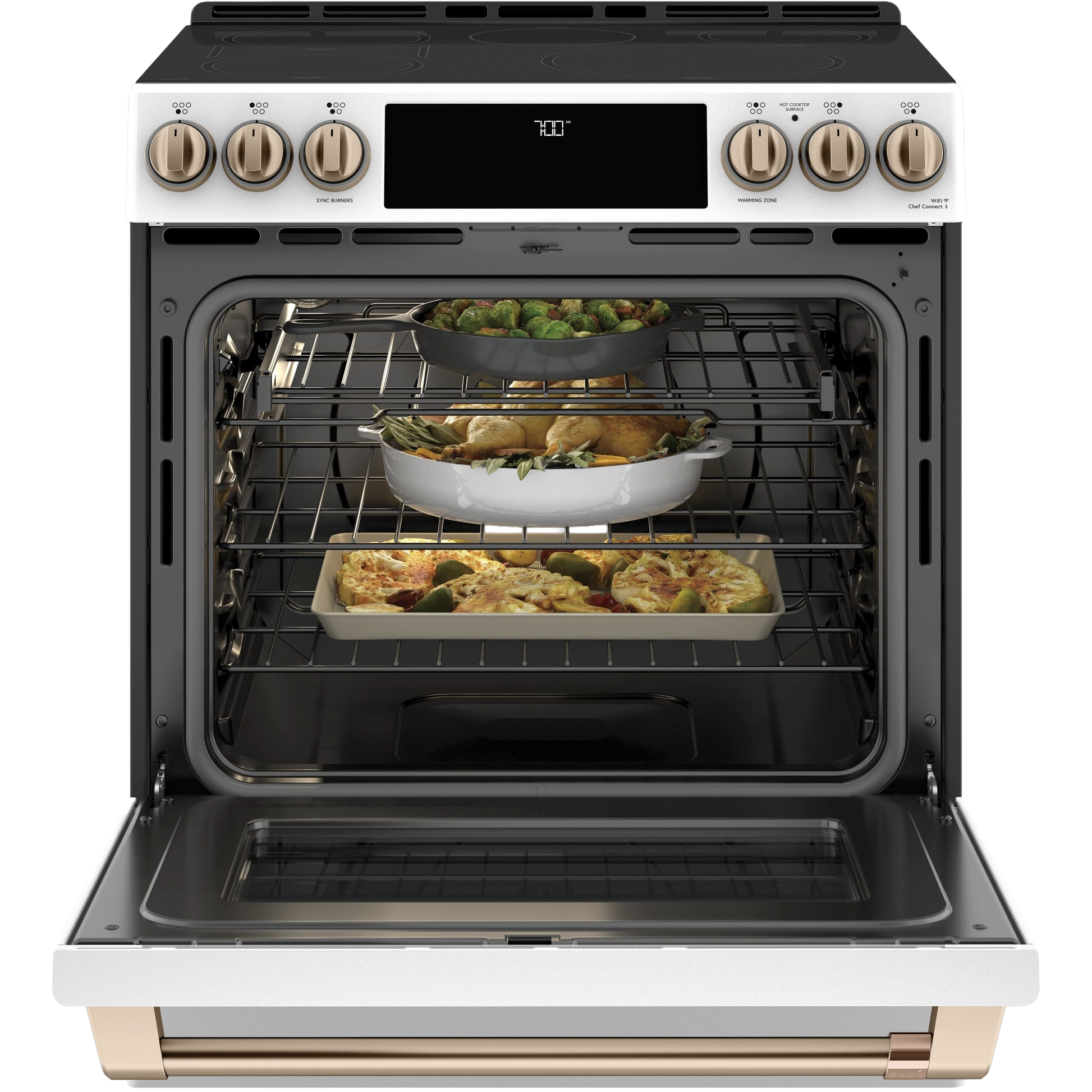 Slide-in range with front controls, radiant cooktop, convection oven open showing dishes inside, kitchen appliances collection