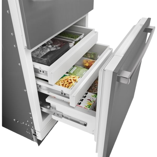built-in bottom freezer refrigerator with soft-close drawers organized with frozen food storage in modern kitchen appliances